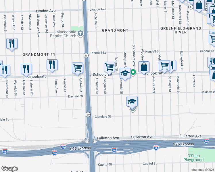 map of restaurants, bars, coffee shops, grocery stores, and more near 13565 Rutland Street in Detroit