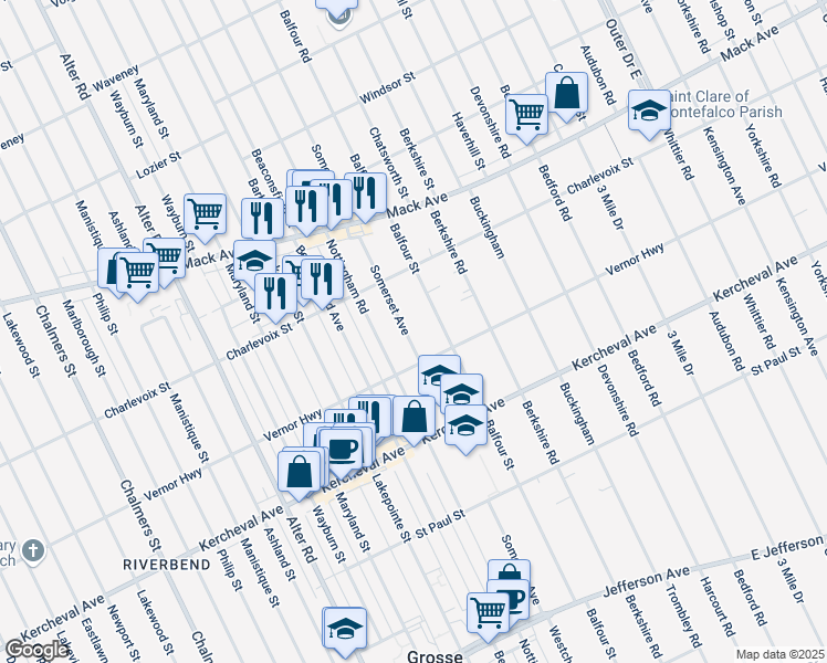 map of restaurants, bars, coffee shops, grocery stores, and more near 1330 Somerset Avenue in Grosse Pointe Park