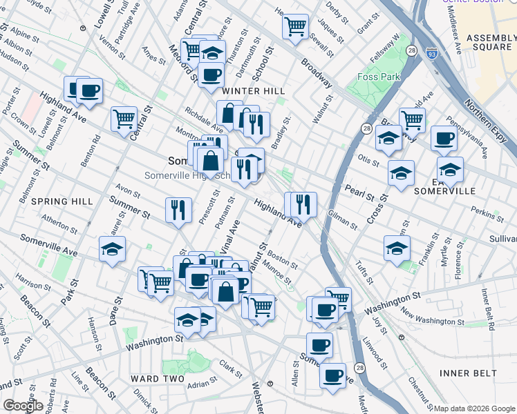 map of restaurants, bars, coffee shops, grocery stores, and more near 52 Highland Avenue in Somerville