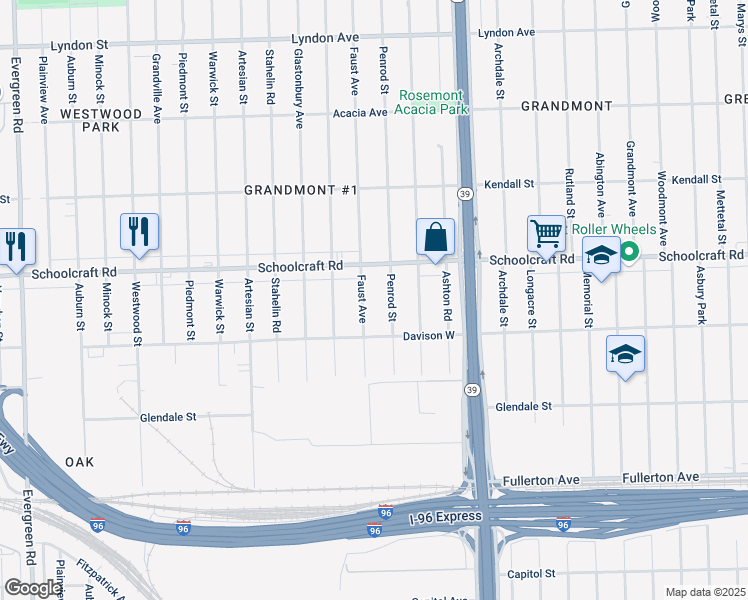 map of restaurants, bars, coffee shops, grocery stores, and more near 13578 Faust Avenue in Detroit