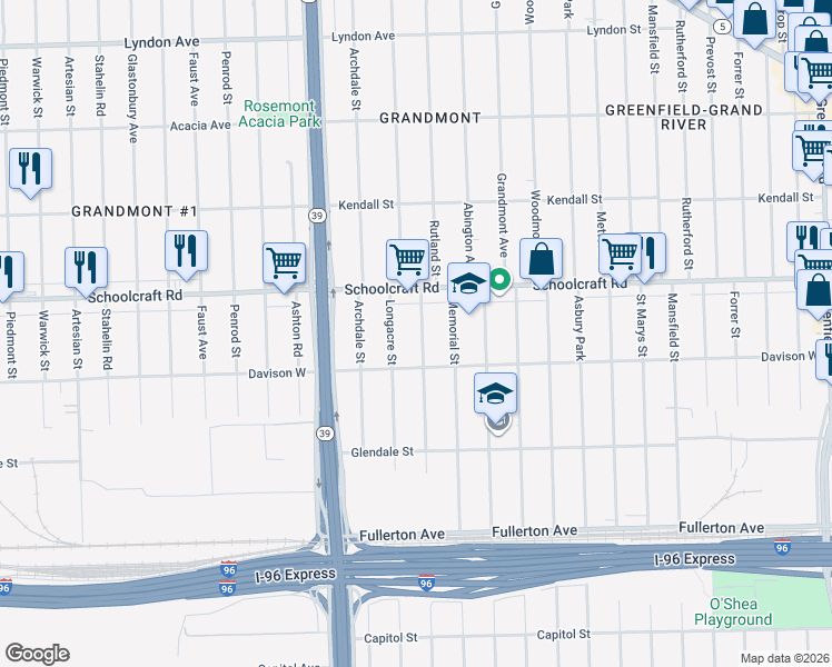 map of restaurants, bars, coffee shops, grocery stores, and more near 13565 Rutland Street in Detroit
