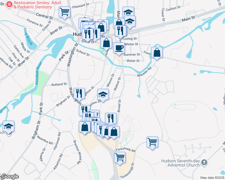 map of restaurants, bars, coffee shops, grocery stores, and more near 35 Walnut Street in Hudson