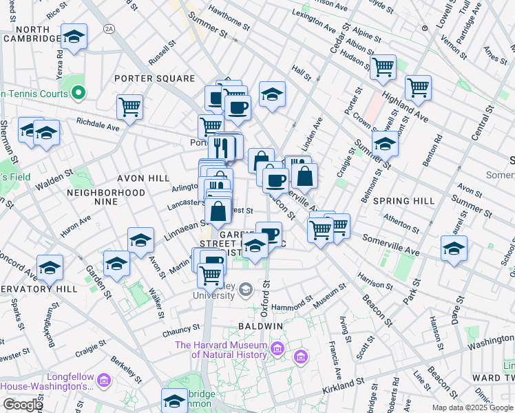map of restaurants, bars, coffee shops, grocery stores, and more near 133 Oxford Street in Cambridge