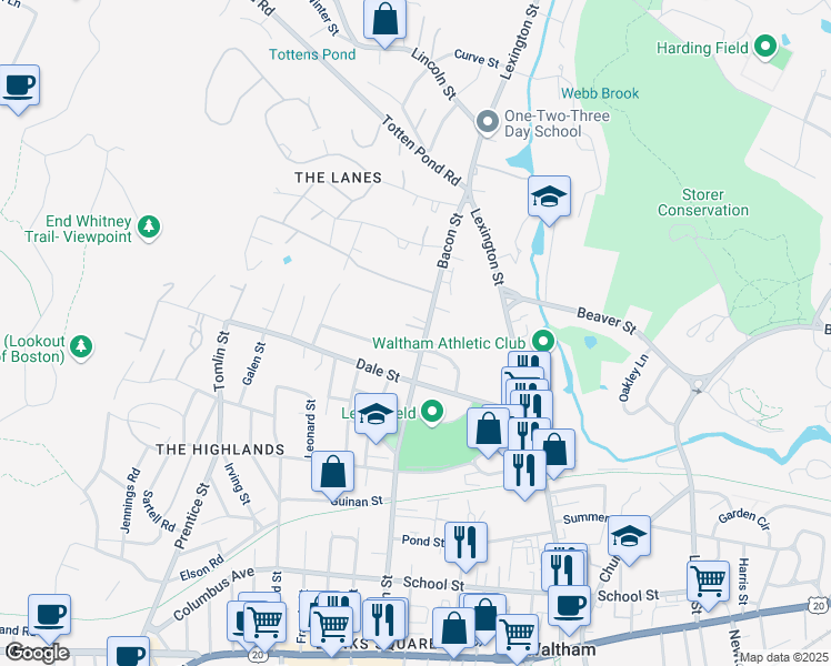 map of restaurants, bars, coffee shops, grocery stores, and more near 267 Bacon Street in Waltham