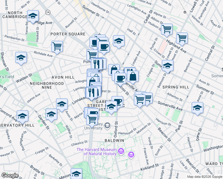 map of restaurants, bars, coffee shops, grocery stores, and more near 133 Oxford Street in Cambridge
