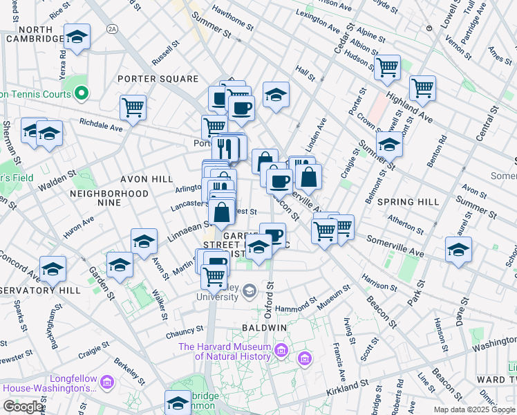 map of restaurants, bars, coffee shops, grocery stores, and more near 133 Oxford Street in Cambridge