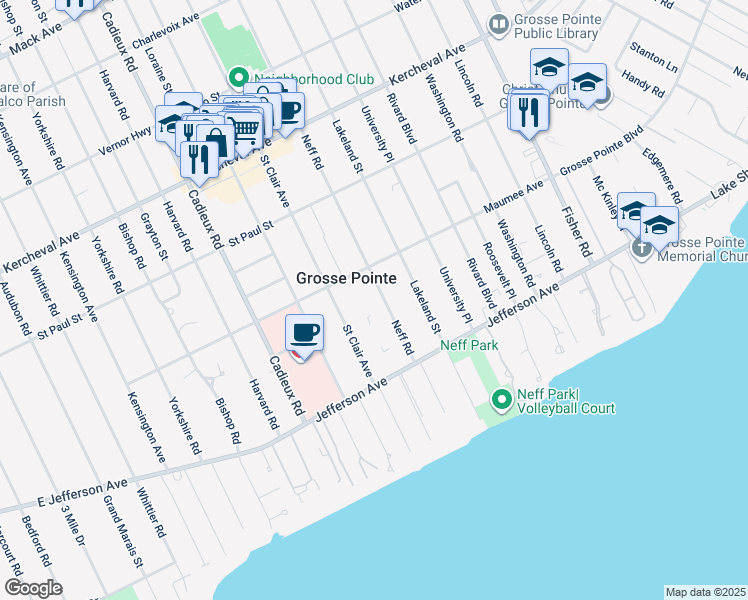 map of restaurants, bars, coffee shops, grocery stores, and more near 399 Neff Road in Grosse Pointe