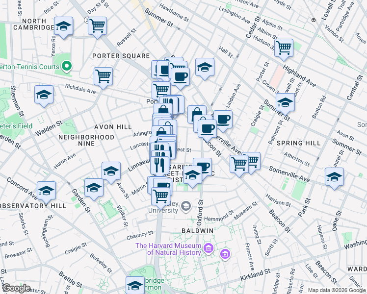 map of restaurants, bars, coffee shops, grocery stores, and more near 11 Forest Street in Cambridge