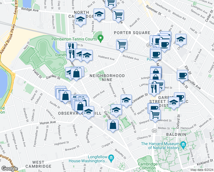 map of restaurants, bars, coffee shops, grocery stores, and more near 6 Bellevue Avenue in Cambridge