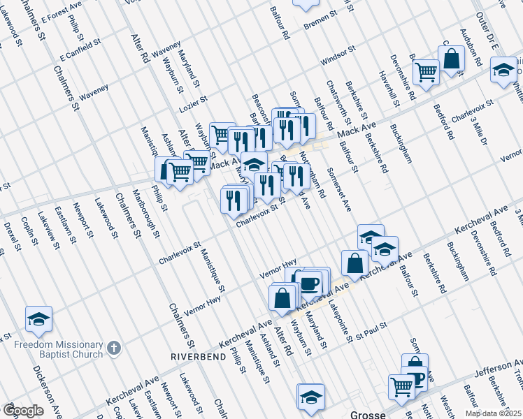 map of restaurants, bars, coffee shops, grocery stores, and more near 15037 Charlevoix St in Grosse Pointe Park