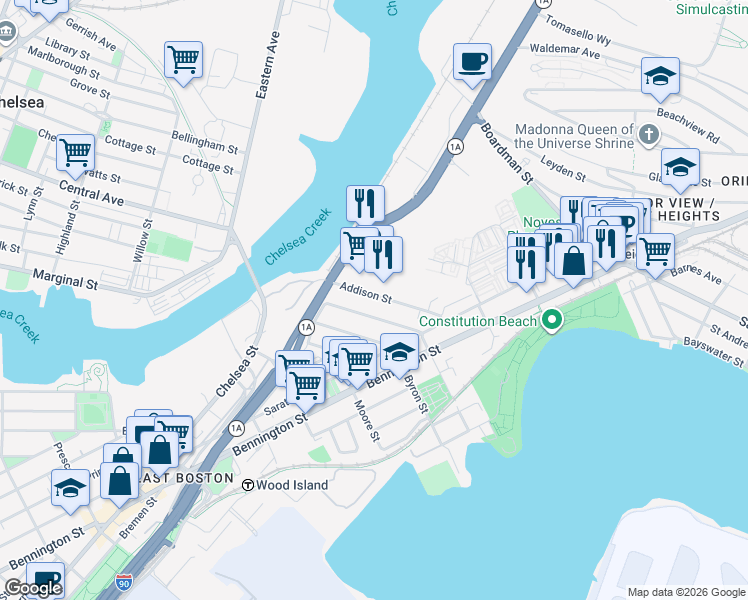 map of restaurants, bars, coffee shops, grocery stores, and more near 107 Addison Street in Boston