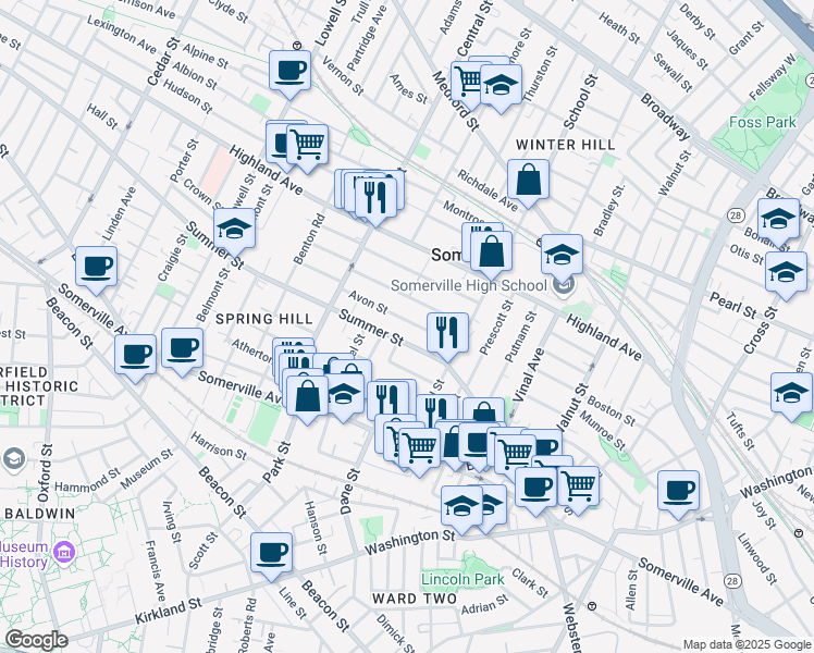 map of restaurants, bars, coffee shops, grocery stores, and more near 34 Avon Street in Somerville