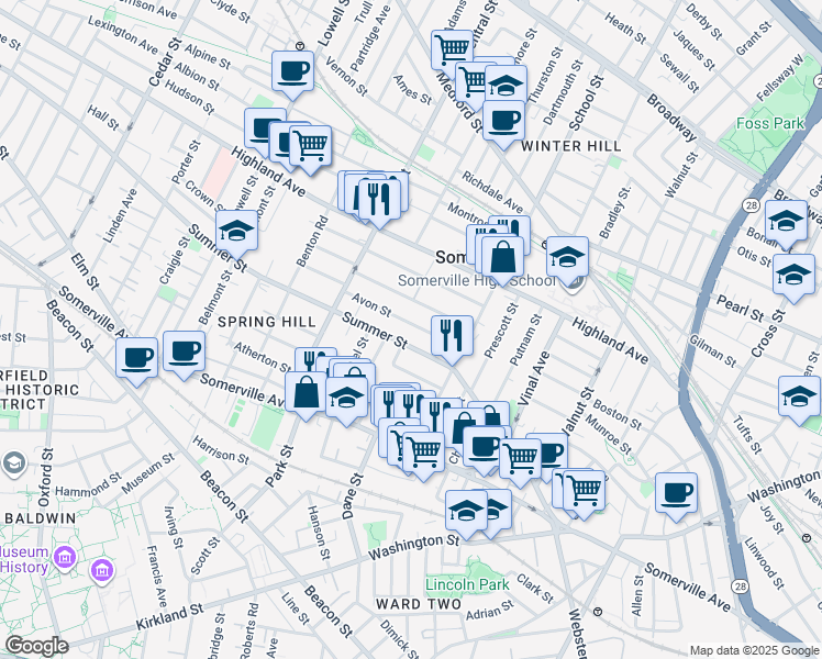 map of restaurants, bars, coffee shops, grocery stores, and more near 34 Avon Street in Somerville