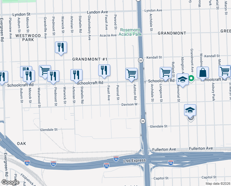 map of restaurants, bars, coffee shops, grocery stores, and more near 13578 Faust Avenue in Detroit