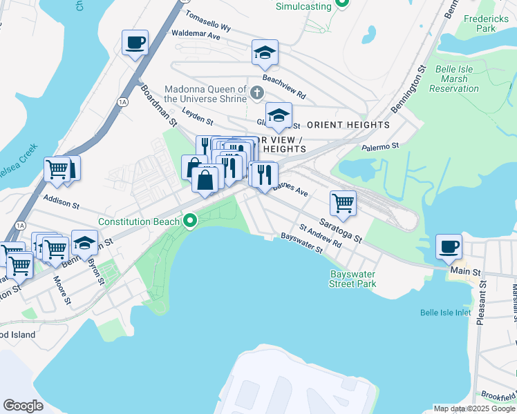map of restaurants, bars, coffee shops, grocery stores, and more near 25 Bayswater Street in Boston