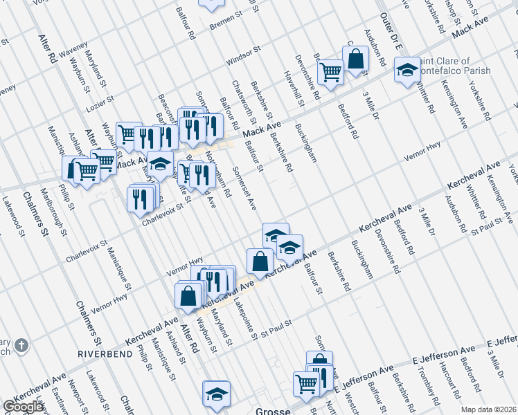 map of restaurants, bars, coffee shops, grocery stores, and more near 1330 Somerset Avenue in Grosse Pointe Park
