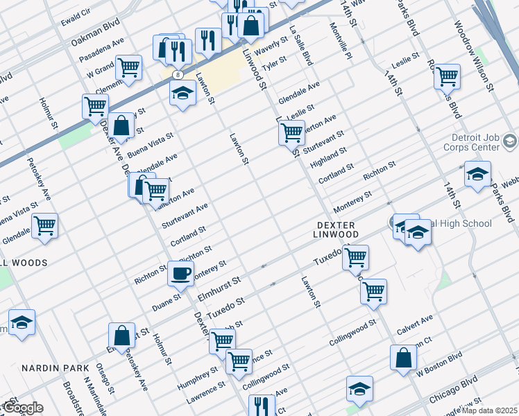 map of restaurants, bars, coffee shops, grocery stores, and more near 2925 Cortland Street in Detroit