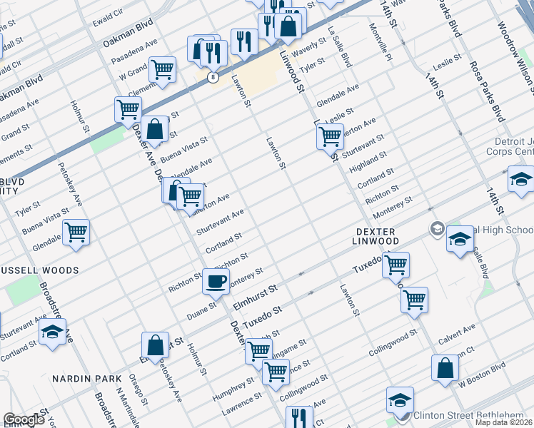 map of restaurants, bars, coffee shops, grocery stores, and more near 3000 Cortland Street in Detroit