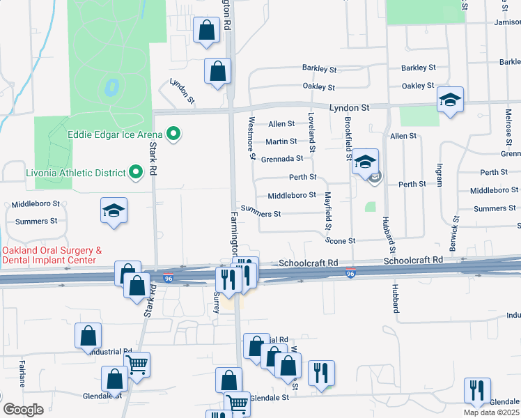 map of restaurants, bars, coffee shops, grocery stores, and more near 33132 Summers Street in Livonia