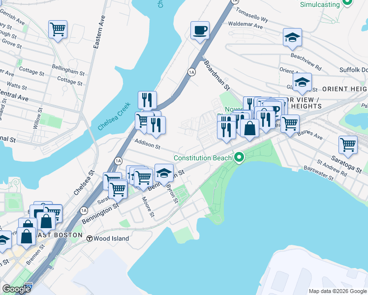 map of restaurants, bars, coffee shops, grocery stores, and more near 144 Addison Street in Boston