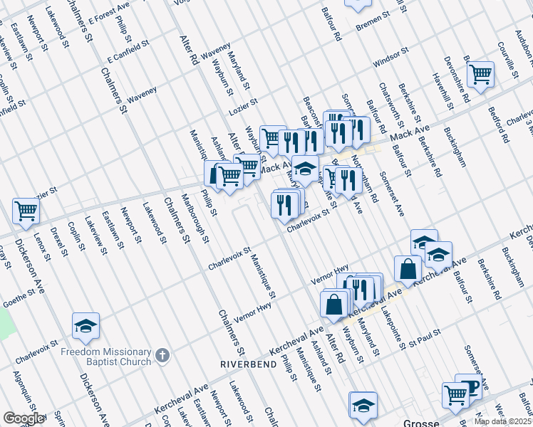 map of restaurants, bars, coffee shops, grocery stores, and more near 2975 Alter Road in Detroit