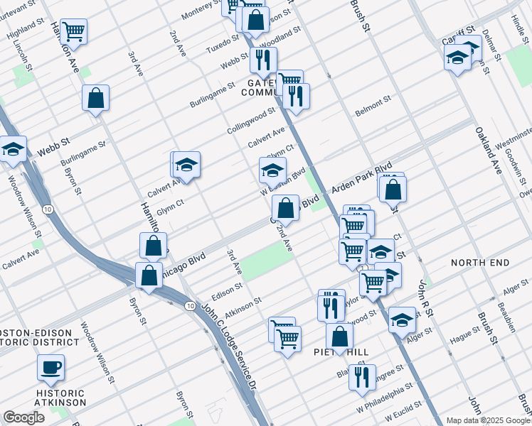 map of restaurants, bars, coffee shops, grocery stores, and more near 640 Chicago Boulevard in Detroit
