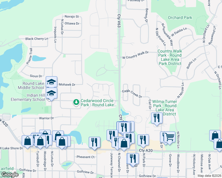 map of restaurants, bars, coffee shops, grocery stores, and more near 2045 Countryside Lane in Round Lake Beach