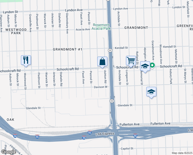 map of restaurants, bars, coffee shops, grocery stores, and more near 13575 Rosemont Ave in Detroit