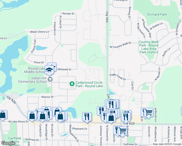 map of restaurants, bars, coffee shops, grocery stores, and more near 523 Normandie Lane in Round Lake Beach