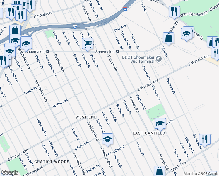 map of restaurants, bars, coffee shops, grocery stores, and more near 5114 Saint Clair Street in Detroit