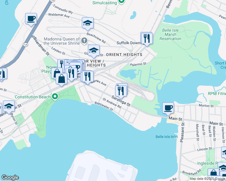 map of restaurants, bars, coffee shops, grocery stores, and more near 115 Barnes Avenue in Boston