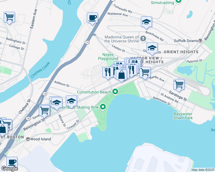 map of restaurants, bars, coffee shops, grocery stores, and more near 738 Bennington Street in Boston
