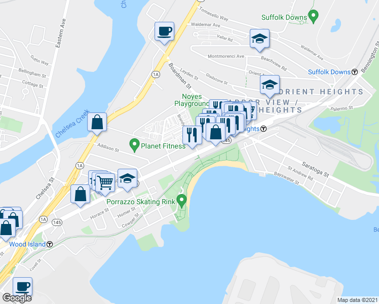 map of restaurants, bars, coffee shops, grocery stores, and more near 738 Bennington Street in Boston