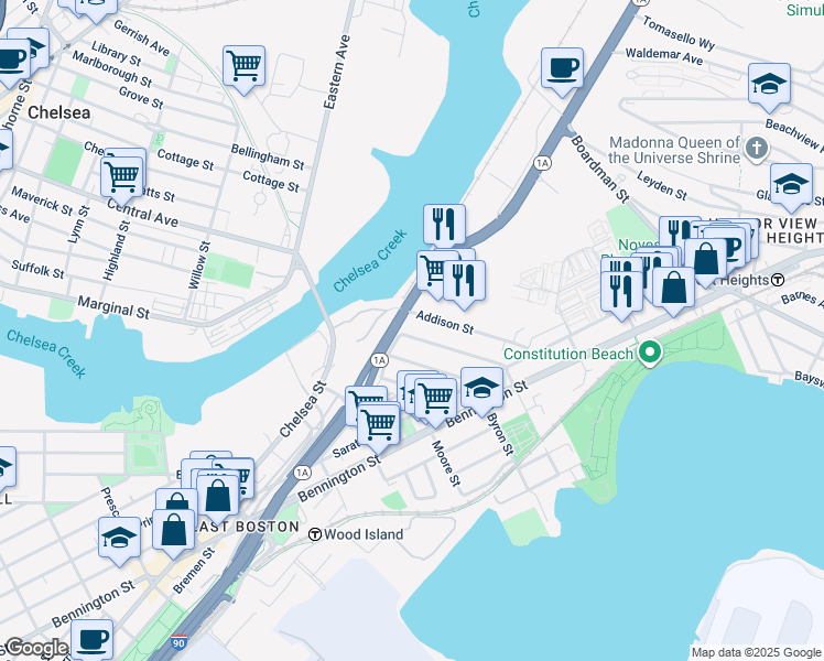 map of restaurants, bars, coffee shops, grocery stores, and more near 14-16 Wordsworth Street in Boston