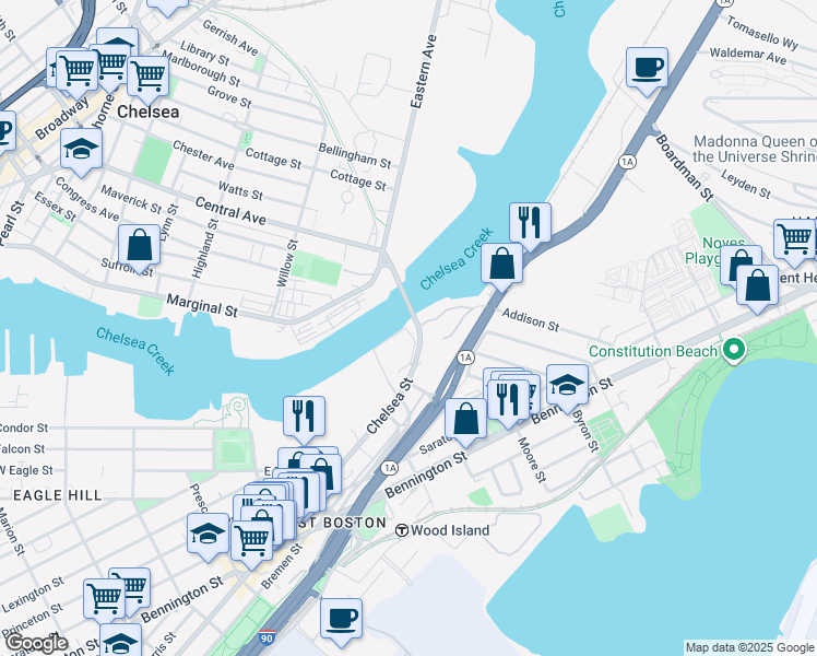 map of restaurants, bars, coffee shops, grocery stores, and more near 610 Chelsea Street in Boston
