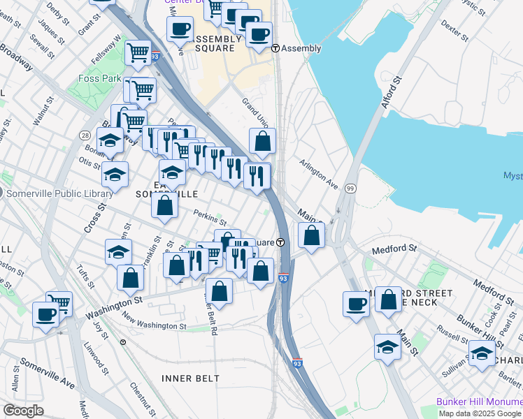 map of restaurants, bars, coffee shops, grocery stores, and more near 89 Brighton Street in Boston