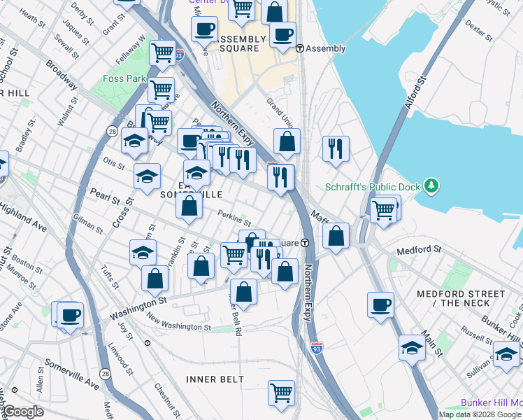 map of restaurants, bars, coffee shops, grocery stores, and more near 16 Mount Vernon Street in Somerville