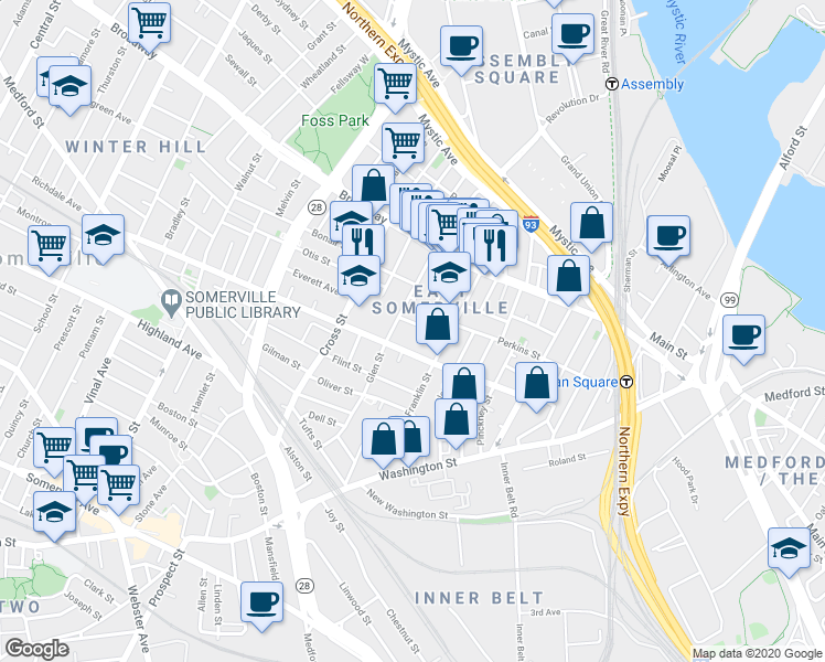 map of restaurants, bars, coffee shops, grocery stores, and more near 16 Webster Street in Somerville