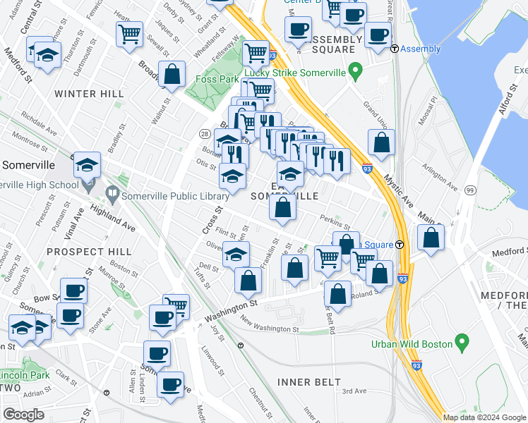 map of restaurants, bars, coffee shops, grocery stores, and more near 16 Webster Street in Somerville