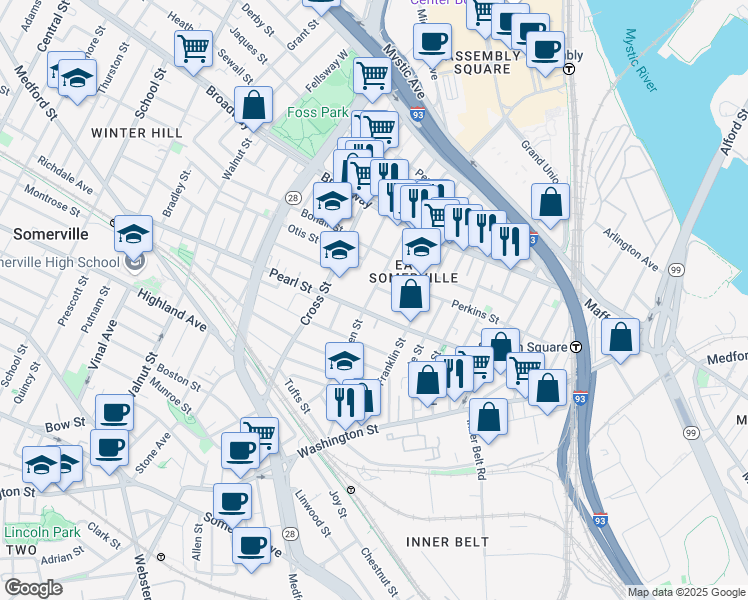 map of restaurants, bars, coffee shops, grocery stores, and more near 16 Webster Street in Somerville