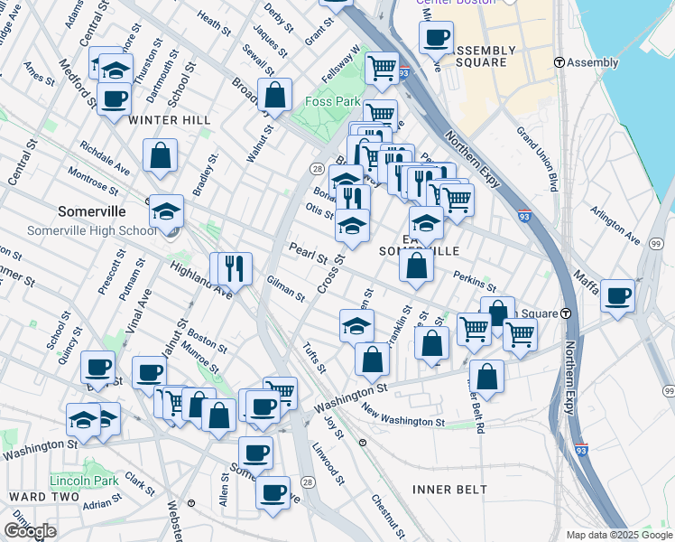 map of restaurants, bars, coffee shops, grocery stores, and more near 76B Cross Street in Somerville