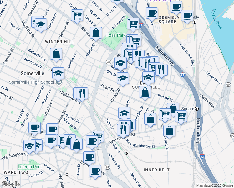 map of restaurants, bars, coffee shops, grocery stores, and more near 76B Cross Street in Somerville