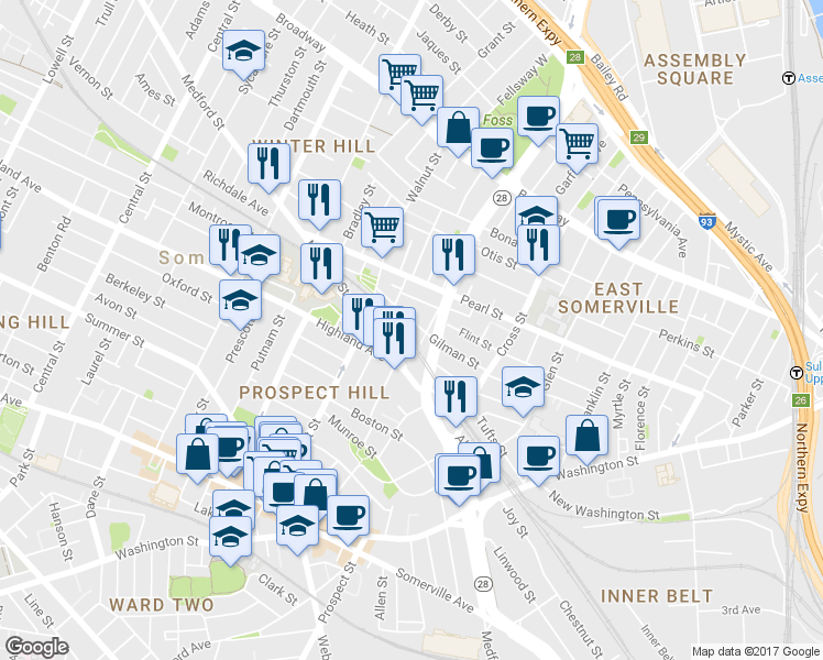 map of restaurants, bars, coffee shops, grocery stores, and more near 285 Medford Street in Somerville