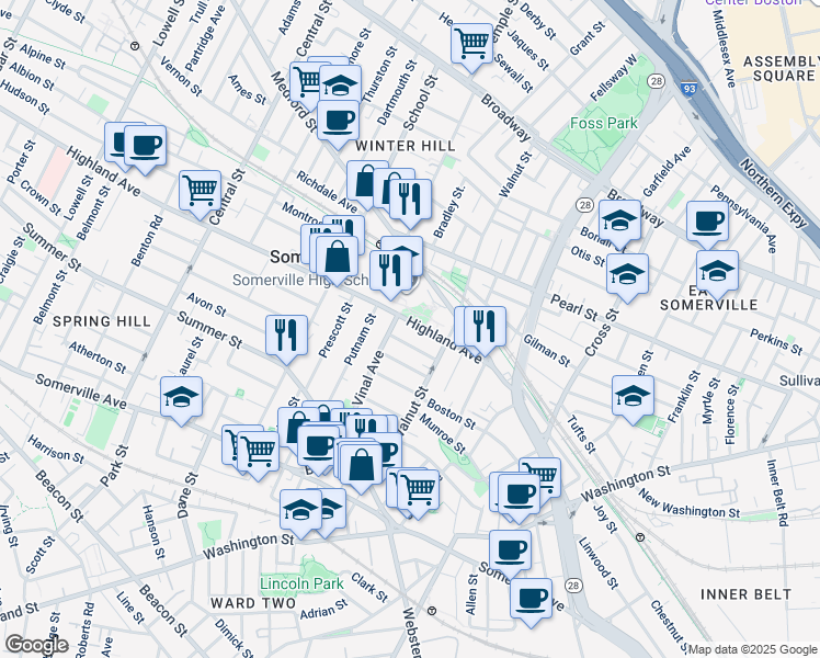 map of restaurants, bars, coffee shops, grocery stores, and more near 50 Highland Avenue in Somerville