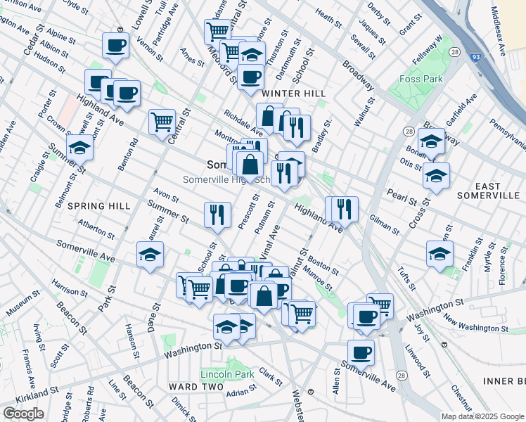 map of restaurants, bars, coffee shops, grocery stores, and more near 61 Putnam Street in Somerville