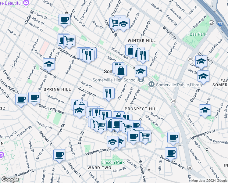 map of restaurants, bars, coffee shops, grocery stores, and more near 90 School Street in Somerville