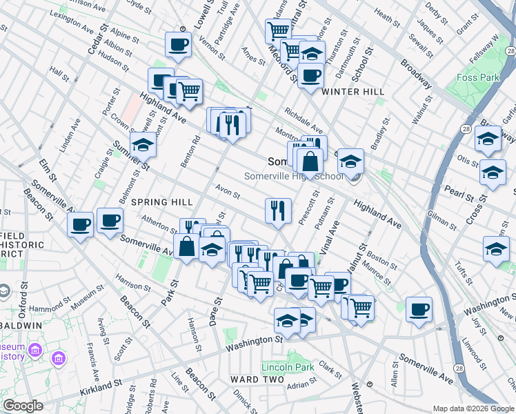 map of restaurants, bars, coffee shops, grocery stores, and more near 27 Avon Street in Somerville