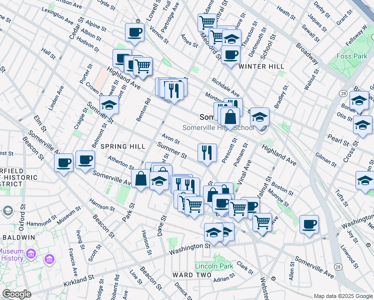 map of restaurants, bars, coffee shops, grocery stores, and more near 27 Avon Street in Somerville