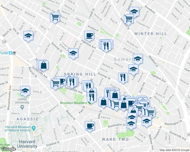 map of restaurants, bars, coffee shops, grocery stores, and more near 7 Carter Terrace in Somerville