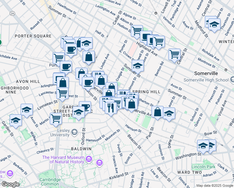 map of restaurants, bars, coffee shops, grocery stores, and more near 14 Ibbetson Street in Somerville